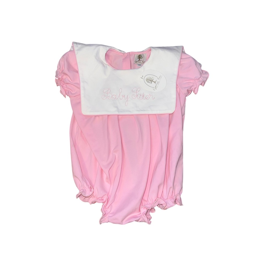 NWT Cypress Row Pink Baby Sister Embroidered Bib Collar Bubble Romper 18M *read
